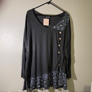 BloomChic Charcoal and Slate Floral Blouse with Wooden Buttons